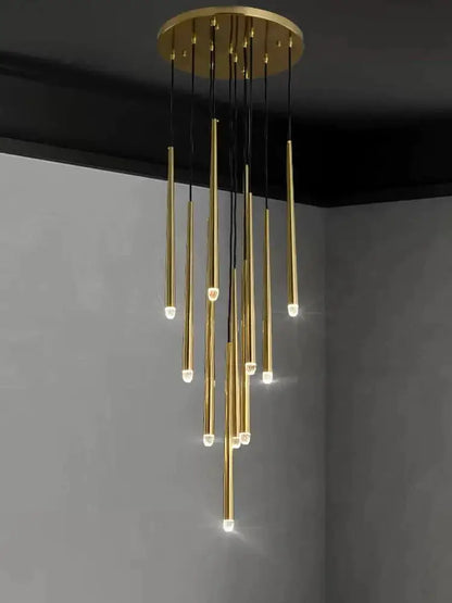 Modern gold conical led nordic chandelier with slender rods and glowing led lights for dining room decorbites conical led