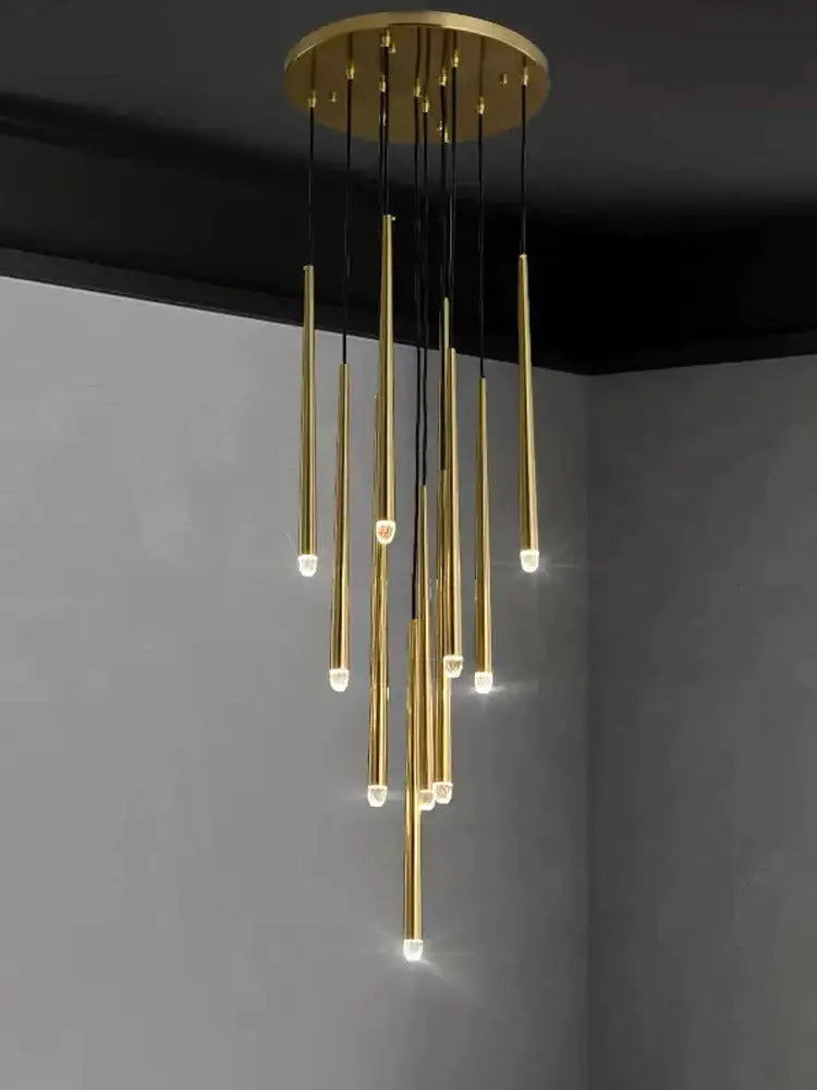 Modern gold conical led nordic chandelier with slender rods and glowing led lights for dining room decorbites conical led
