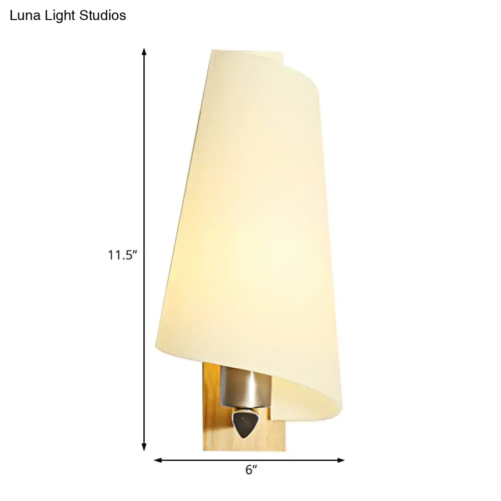 Modern gold coolie shade sconce light with cream milk glass shade and wooden base for bedroom wall lighting