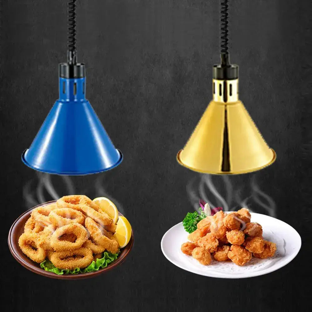 Modern gold and copper bell 250w electric heat lamp pendant light with blue and gold shades hangs above steaming fried food
