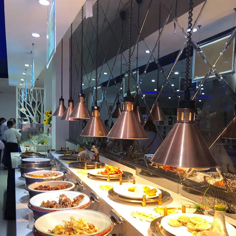 Copper-colored industrial pendant light heat lamp with black chains 250w electric heat above buffet line