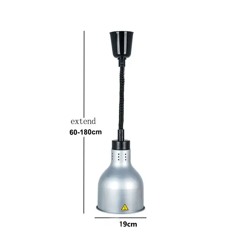 Silver metallic industrial heat lamp with black gooseneck and adjustable height 60-180cm for 250w electric heat pendant light