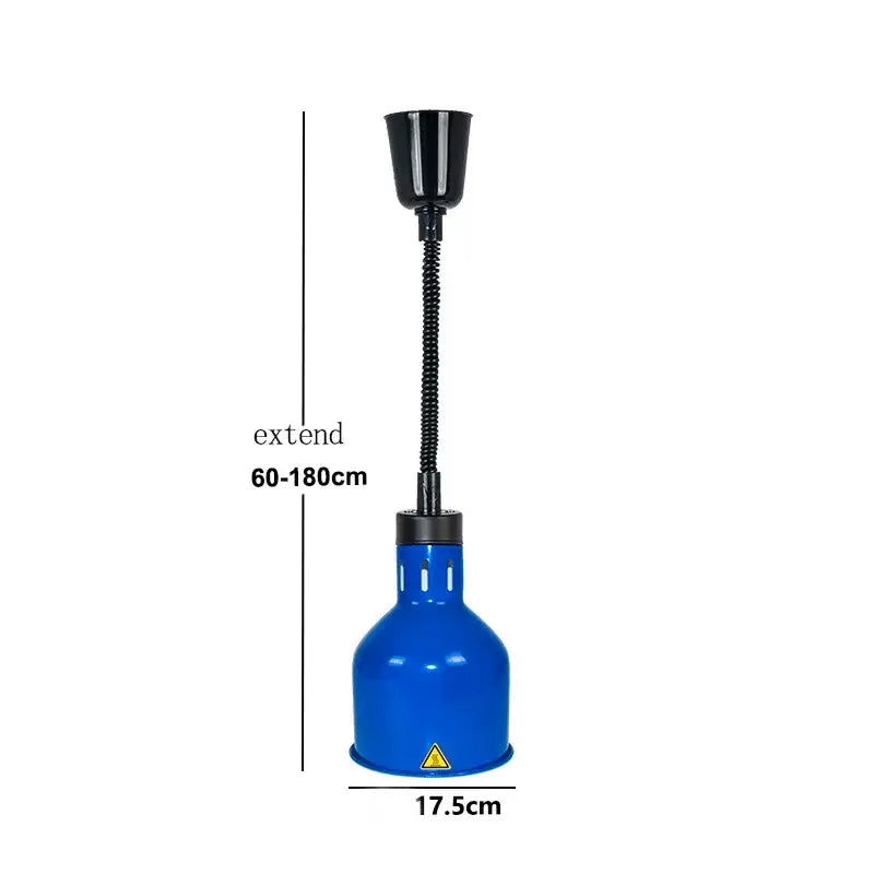 Blue industrial-style heat lamp pendant light with black flexible gooseneck and adjustable height 250w electric heat