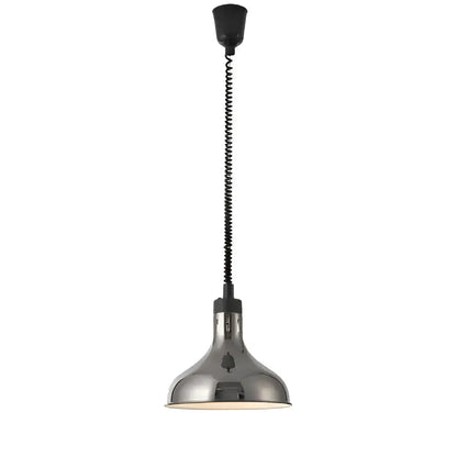 Chrome-finished industrial pendant light with flexible black coiled cord and bell shade for 250w electric heat lamp use