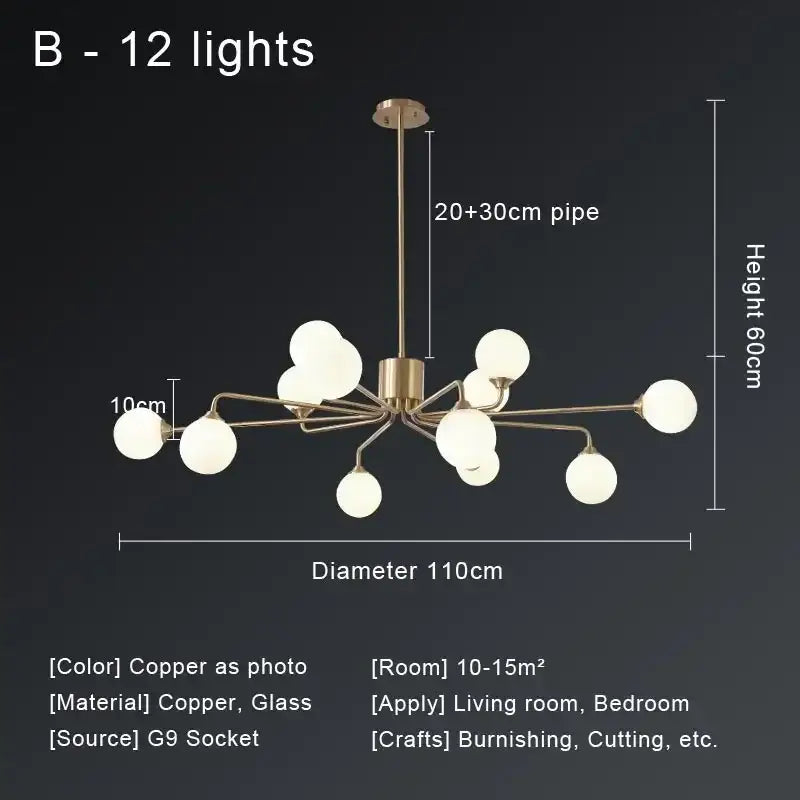 Modern gold copper ceiling chandelier with twelve frosted glass globe lights in a decorbites copper ceiling design