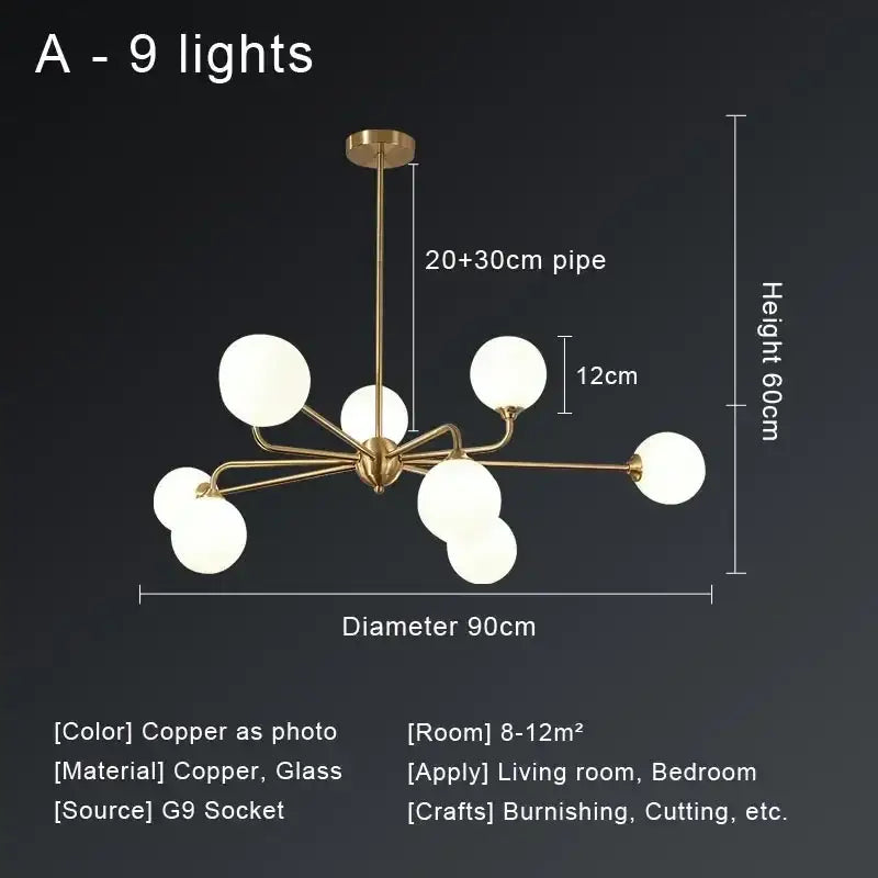 Modern gold copper ceiling chandelier with nine frosted glass globes by decorbites copper ceiling chandelier