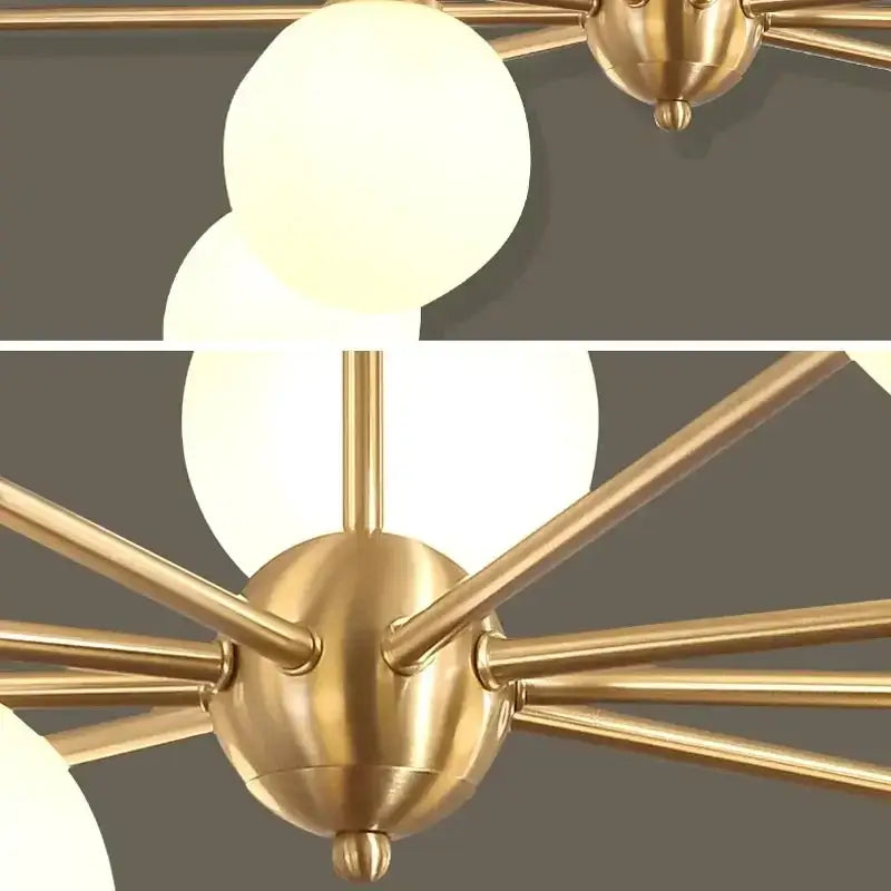 Modern gold copper ceiling chandelier with spherical frosted glass shades and starburst design for living room decorbites copper ceiling