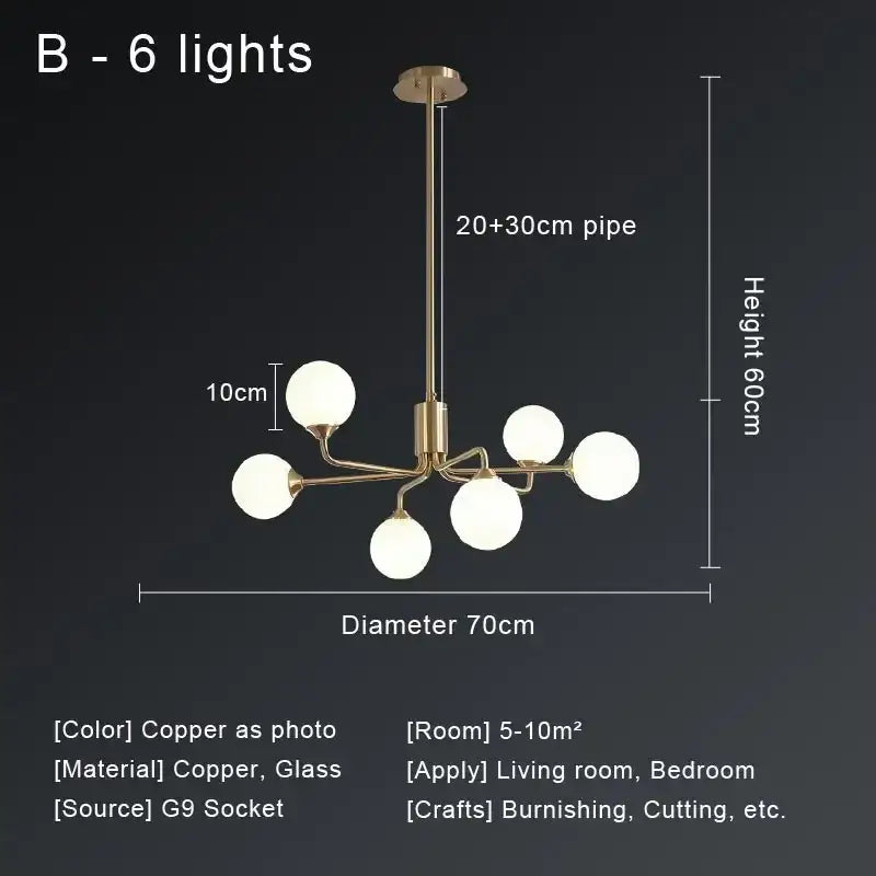 Modern gold copper ceiling chandelier with six frosted glass globe lights for elegant decorbites copper ceiling decor