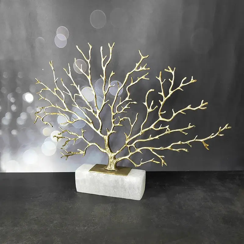Modern gold coral tree sculpture with intricate metallic branches on white marble base decorbites coral tree decor