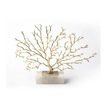Modern gold decorbites coral tree sculpture in gold tone mounted on white marble base for living room decor