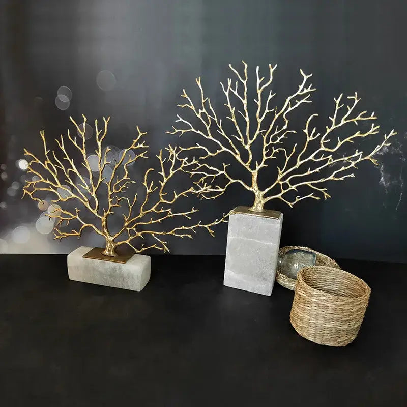 Modern gold coral tree sculpture with two golden branches on gray marble bases for living room decorbites coral tree