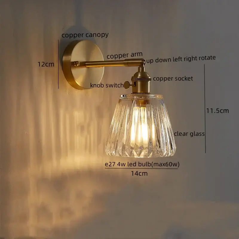 Antique brass-finished modern gold crackled glass led wall light with clear faceted glass shade for bedroom decorbites led wall use