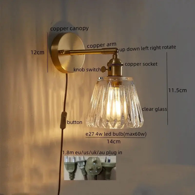 Antique brass-finished wall lights with clear fluted glass shade and exposed led bulb for decorbites led wall use