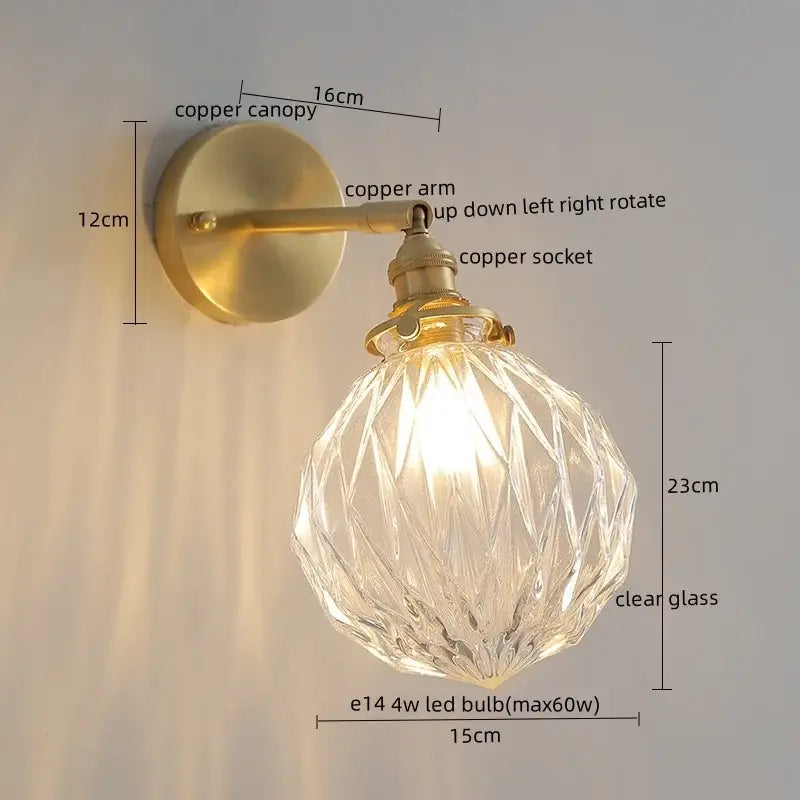 Modern gold crackled glass led wall lights with a clear faceted glass globe and copper-finished fixture for bedroom decorbites led wall