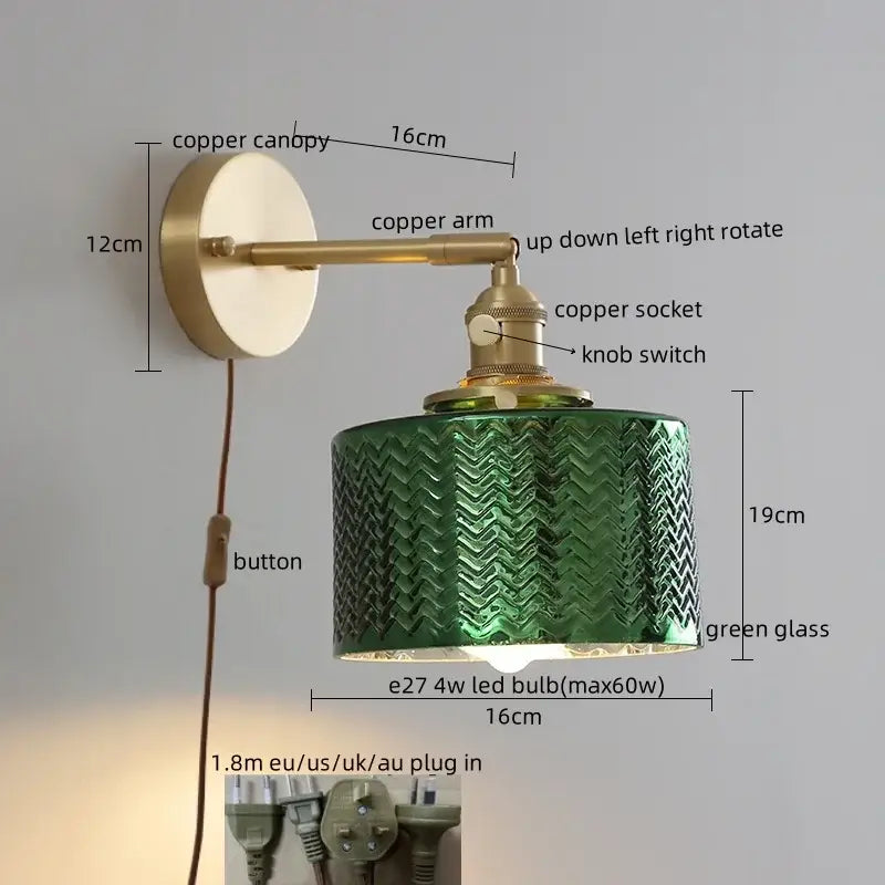 Modern gold crackled glass led wall lights with green glass lamp and copper finish for stylish bedroom decorbites led wall lighting
