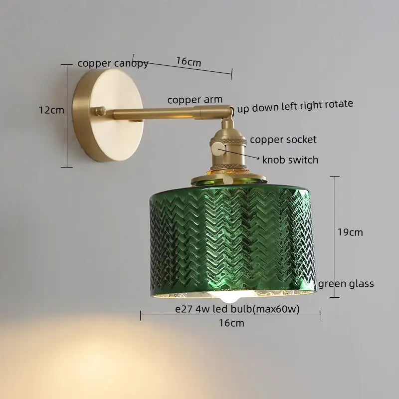 Modern gold crackled glass led wall lights with green textured chevron glass and brass copper hardware for bedroom decorbites led wall