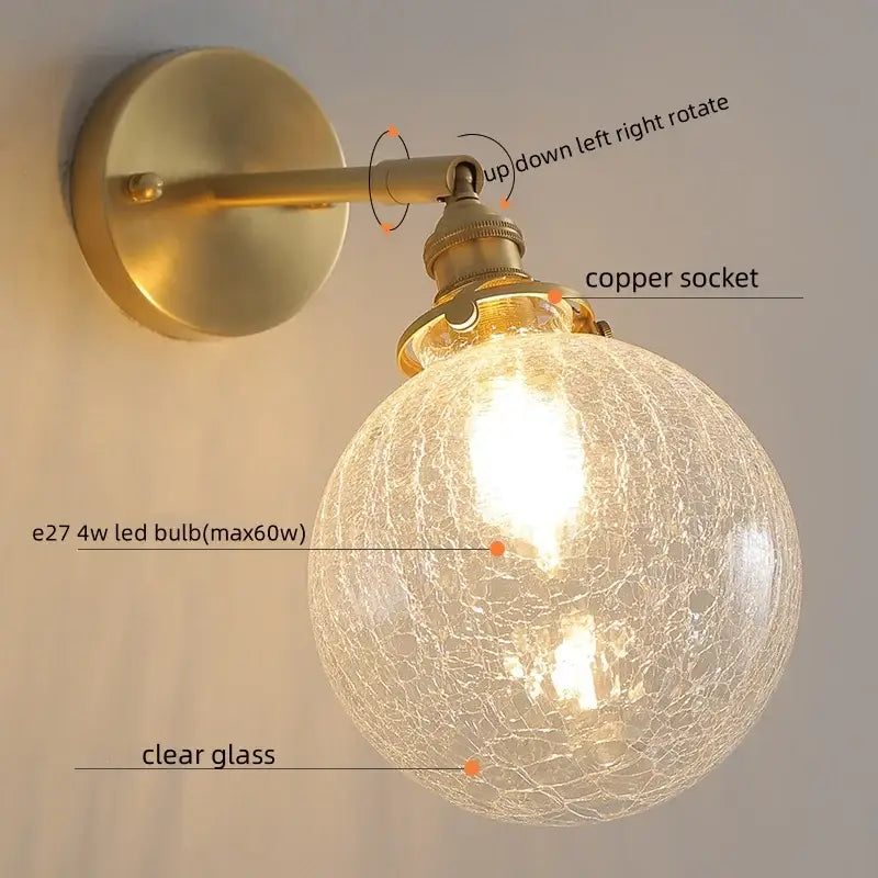 Modern gold crackled glass led wall light with copper socket designed for stylish bedroom decorbites led wall sconce