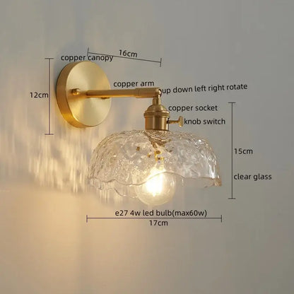 Vintage-style copper wall lights with textured clear glass shade for decorbites led wall bedroom sconce lighting