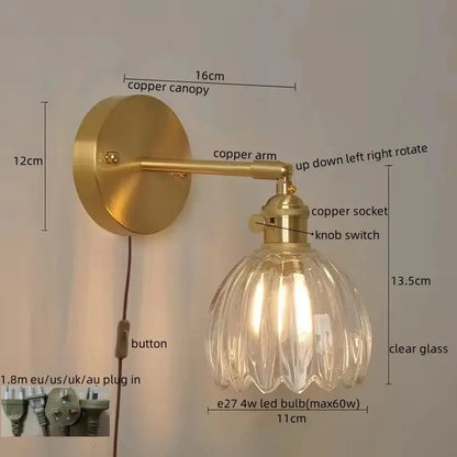 Modern gold crackled glass led wall lights with vintage brass-finished copper canopy and clear fluted glass shade decorbites led wall