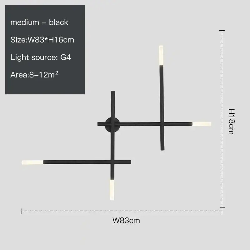 Black modern wall lamp with four slender arms and frosted g4 lights in decorbites cross-shaped wall lamp design