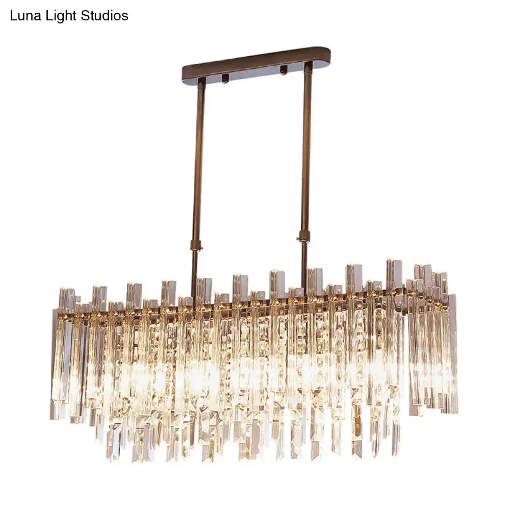 Bronze-finished rectangular light fixture with cascading clear crystal prisms for dining room 220v-240v use