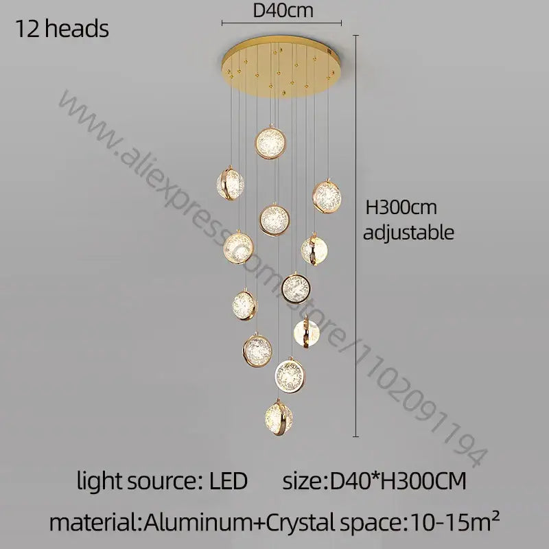 Modern gold crystal ball chandelier with 12 crystal-encrusted spherical lights suspended from aluminum mount