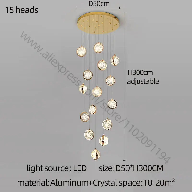 Modern gold crystal ball chandelier with 15 spherical lights suspended from aluminum ceiling mount for staircases