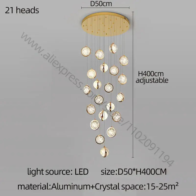 Modern gold crystal ball chandelier with 21 crystal spheres hanging from aluminum circular base for staircase lighting
