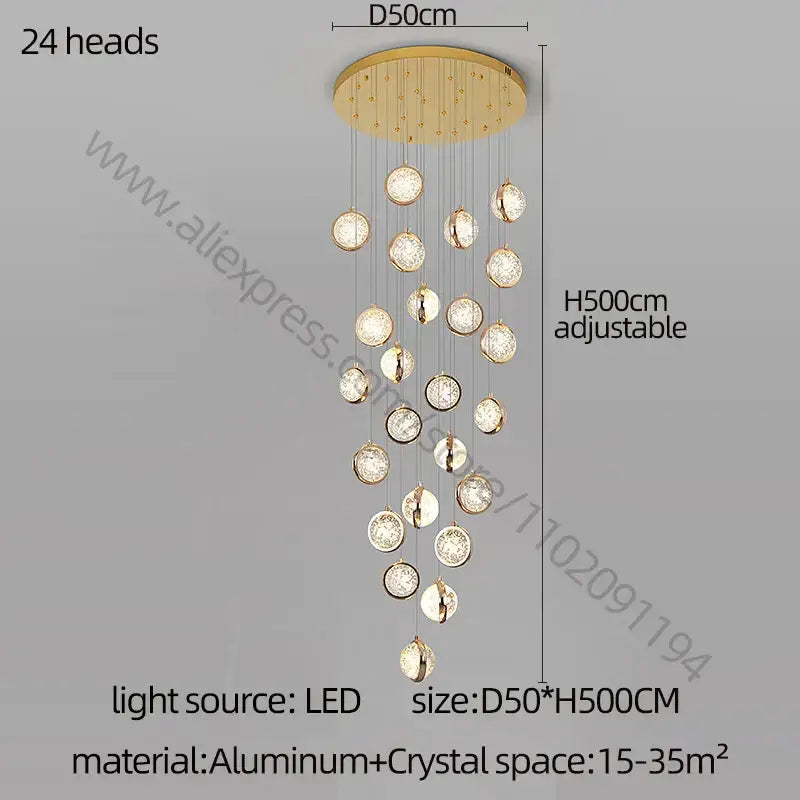 Modern gold crystal ball chandelier with 24 crystal orbs suspended from aluminum circular base for staircase lighting