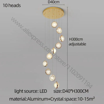 Gold-toned modern crystal ball chandelier with ten spherical crystal-encrusted light heads on aluminum base