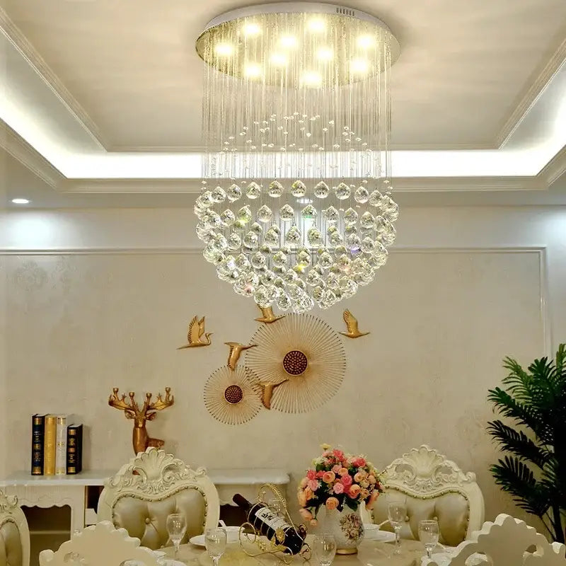 Modern gold crystal ball led ceiling chandelier with cascading clear glass droplets for living room decorbites k9 crystal