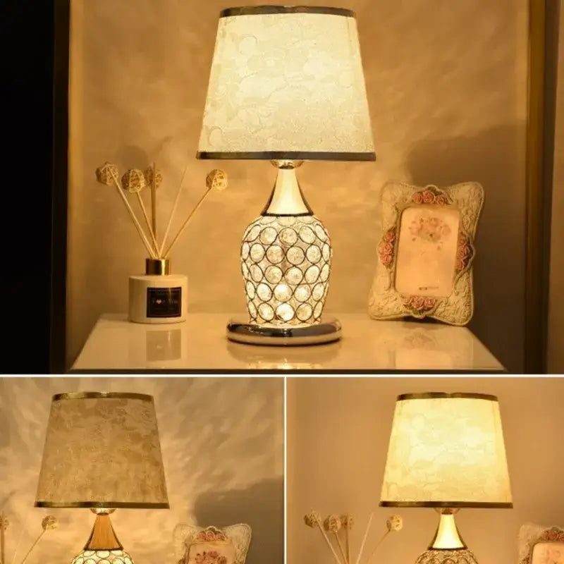 Elegant modern gold crystal bedroom table lamp with cream lace shade and crystal bedroom table decorbites style