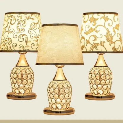 Modern gold-toned crystal bedroom table lamp with ornate cream floral lace shade for decorbites crystal bedroom decor
