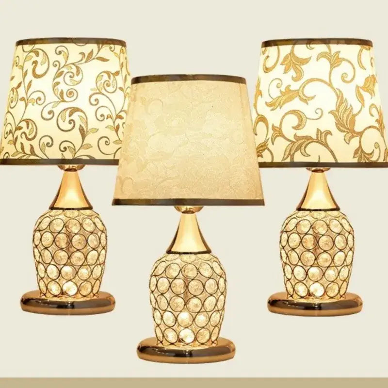 Modern gold-toned crystal bedroom table lamp with ornate cream floral lace shade for decorbites crystal bedroom decor