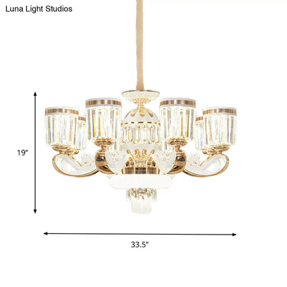 Lámpara de araña colgante moderna con bloque de cristal dorado - Diseño de campana de 6/8 cabezas