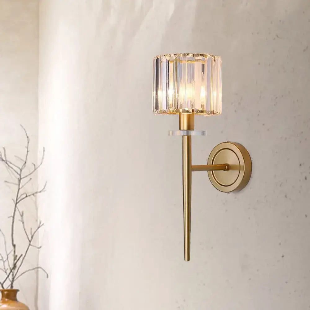 Decorbites gold crystal block wall sconce with iron pencil arm features a cylindrical crystal shade for led incandescent fluorescent bulbs