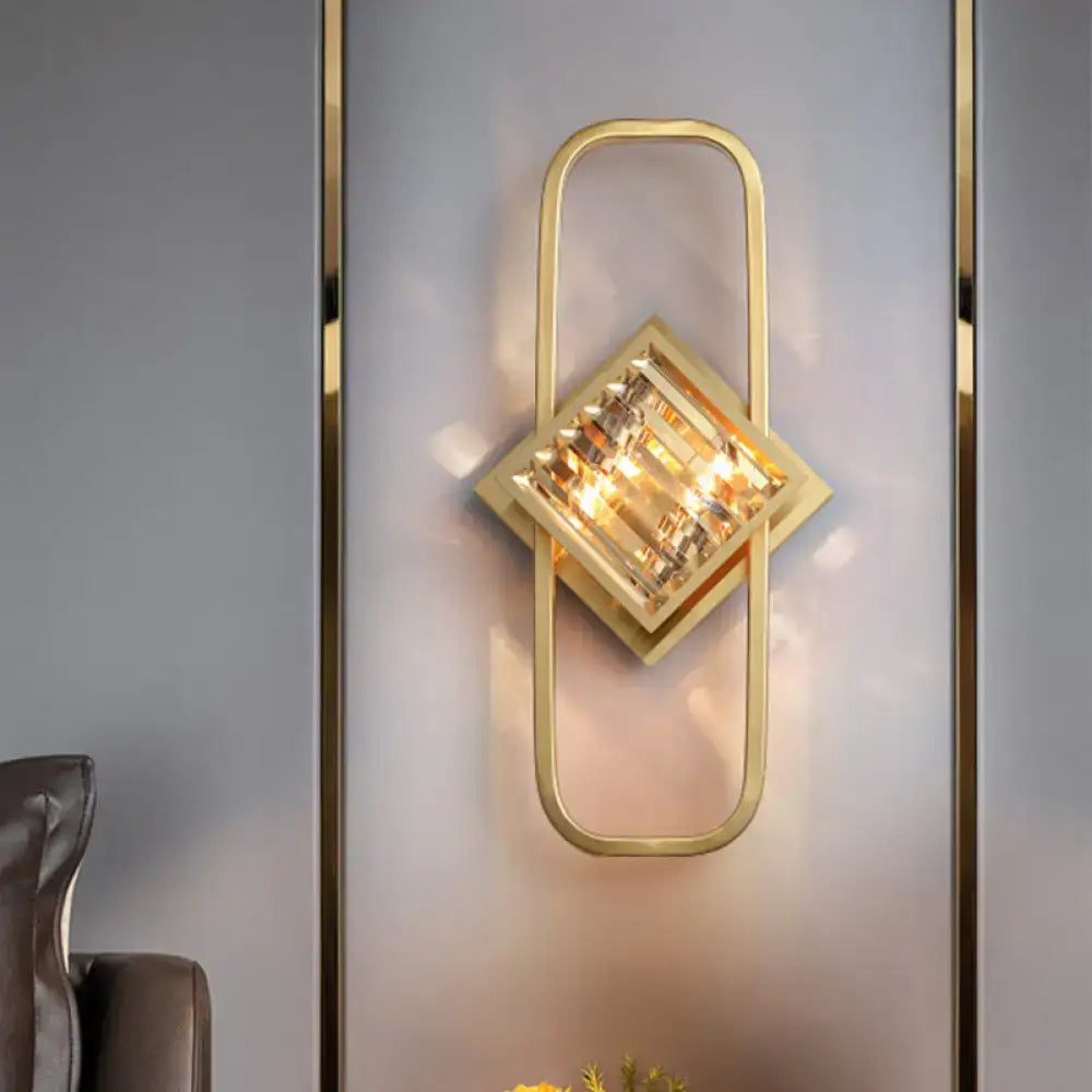 Modern gold crystal blocks wall lamp with rectangular frame and faceted centerpiece for 110v-120v use
