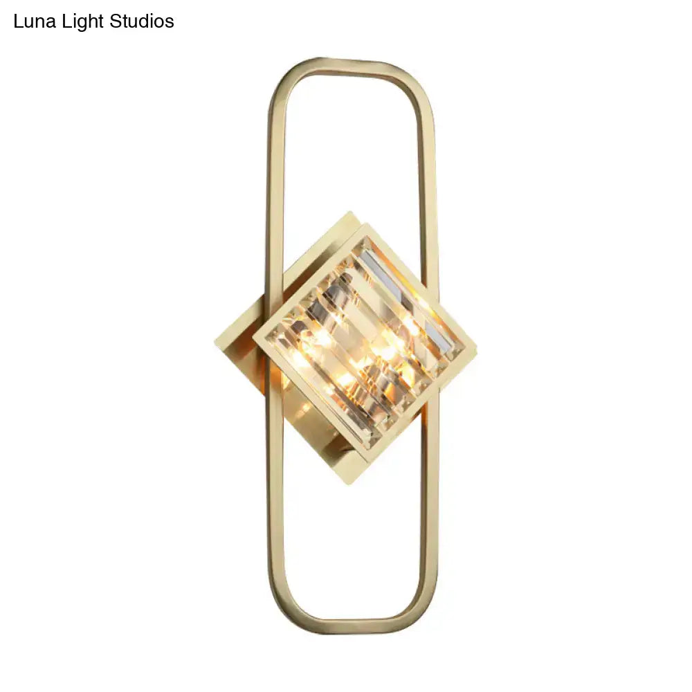 Modern gold crystal blocks wall lamp with rectangular frame and central diamond-shaped cluster for 110v-120v use