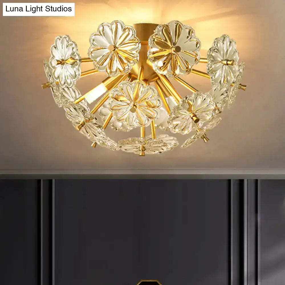 Decorbites modern crystal bouquet ceiling lamp gold flower-shaped fixture with clear glass petals and brass base