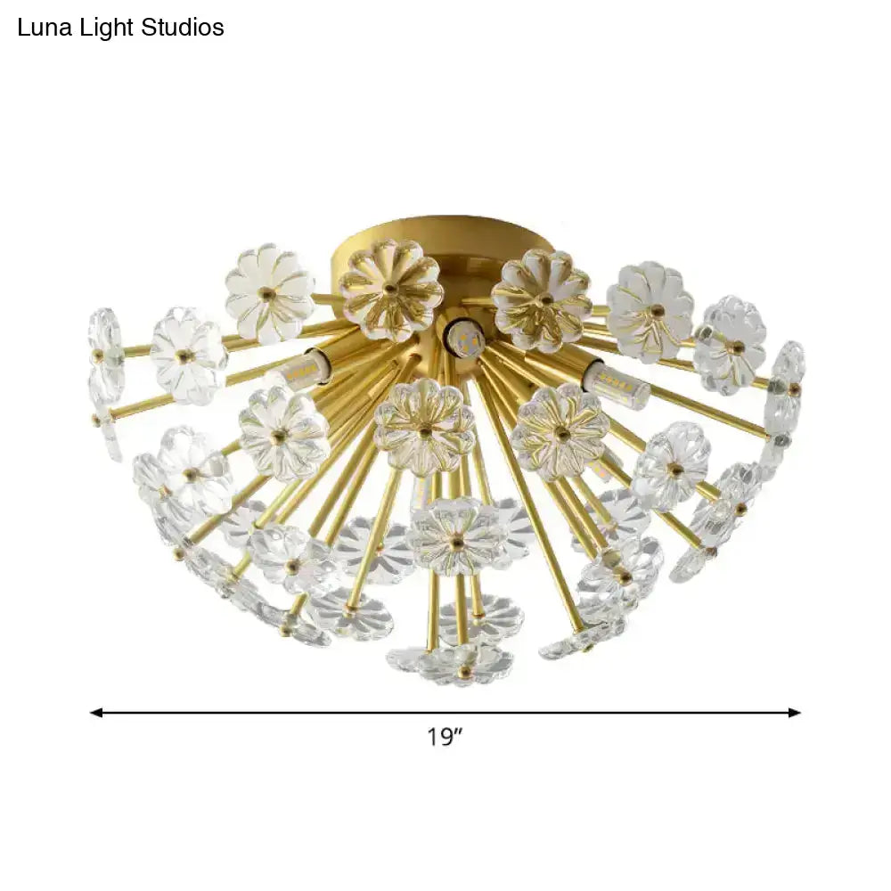 Gold-toned DecorBites™ crystal bouquet ceiling lamp with clear flower-shaped glass shades and fixture height for bedroom lighting
