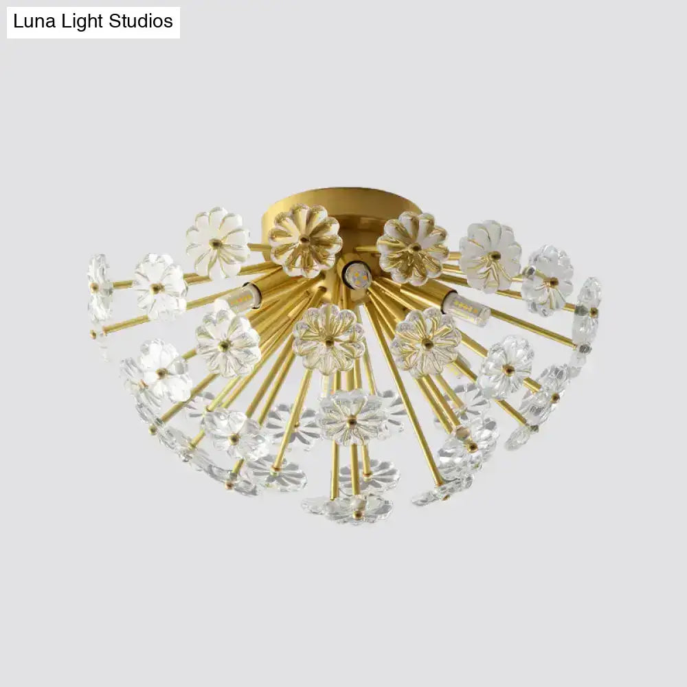 Gold-toned DecorBites™ crystal bouquet ceiling lamp with clear flower-shaped glass elements and adjustable fixture height