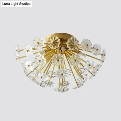 Gold-toned DecorBites™ crystal bouquet ceiling lamp with clear flower-shaped glass elements and adjustable fixture height