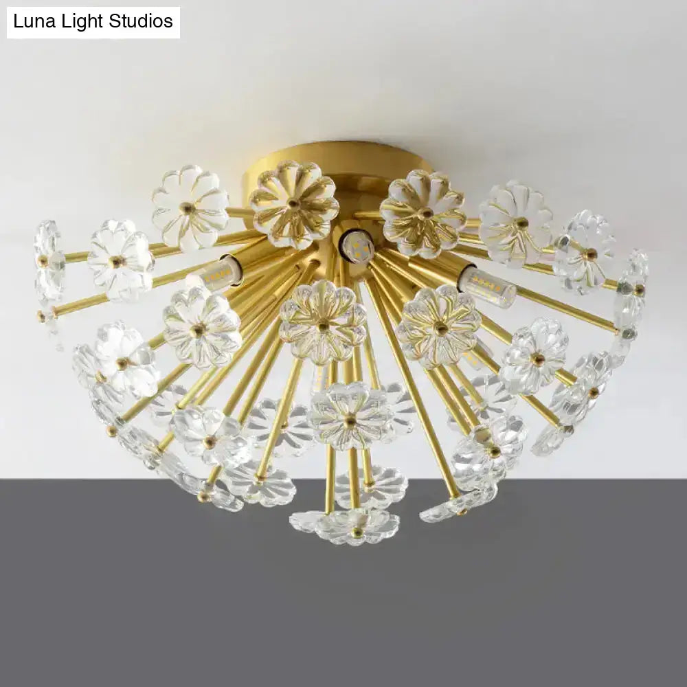 Gold-toned decorbites modern crystal bouquet ceiling lamp with clear flower-shaped glass elements and fixture height details