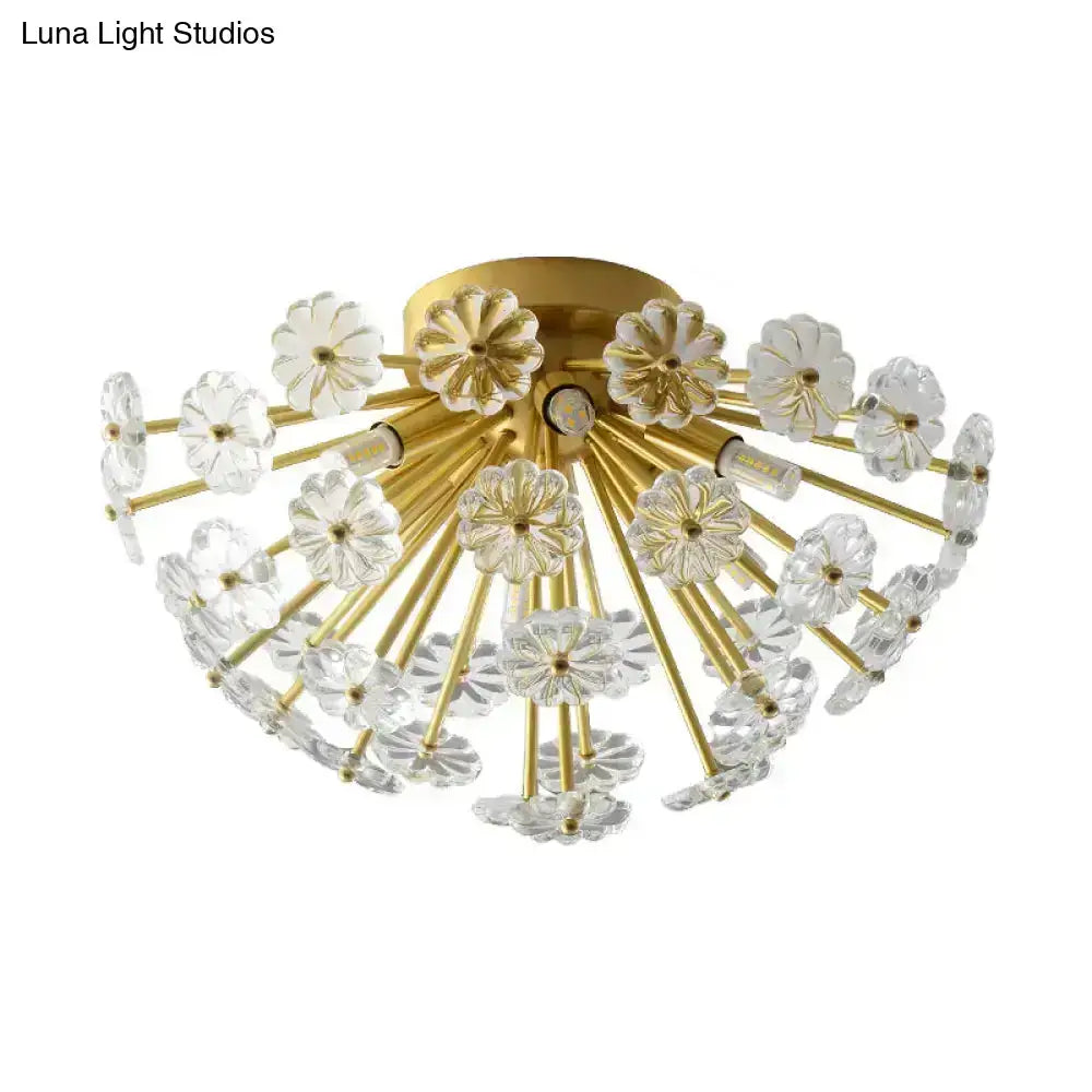 Gold-toned semi flush mount ceiling lamp with crystal bouquet glass elements and brass base, ideal for bedroom lighting