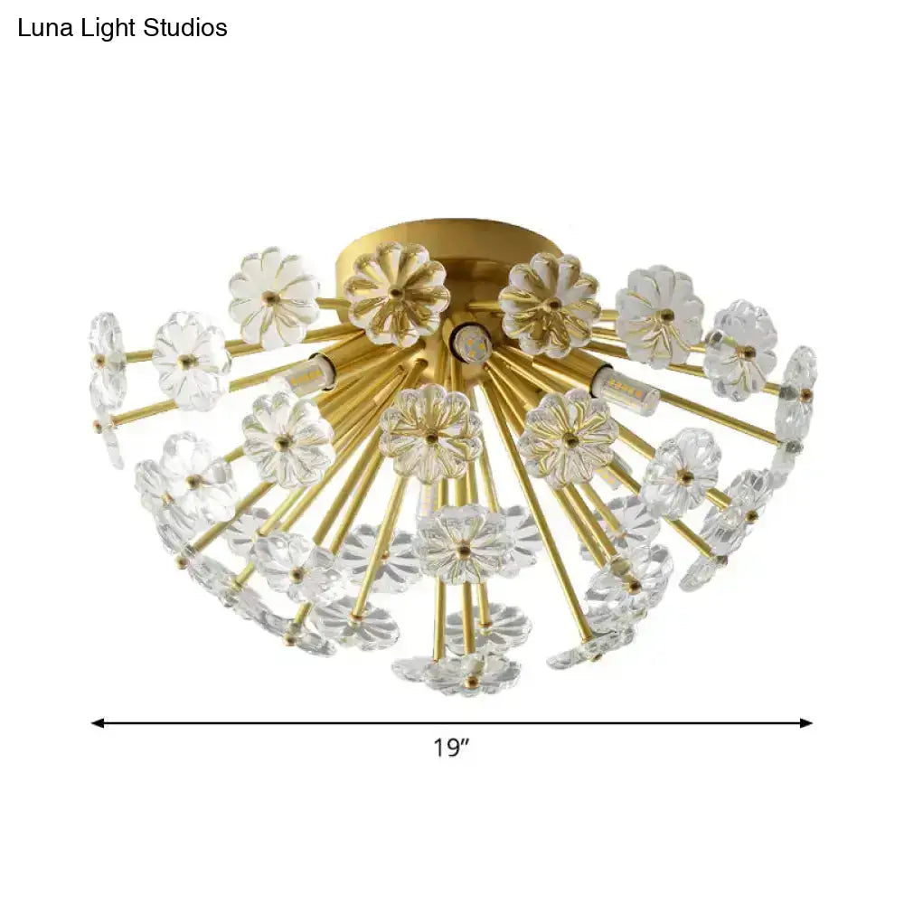 Gold-toned decorbites modern crystal bouquet ceiling lamp with clear flower-shaped glass and fixture height for bedroom lighting