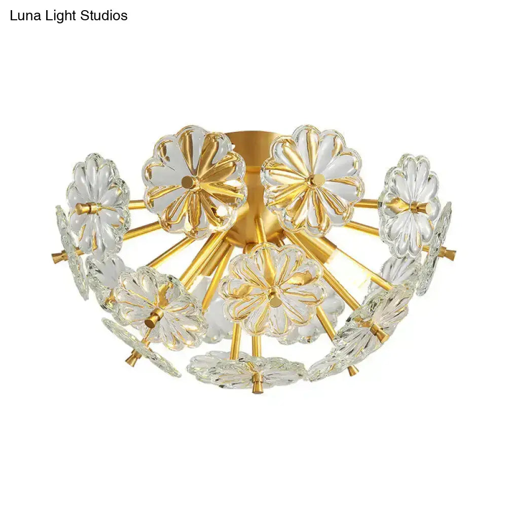 Decorbites™ modern crystal bouquet ceiling lamp with gold-toned fixture and clear flower-shaped glass petals, 3/5 lights