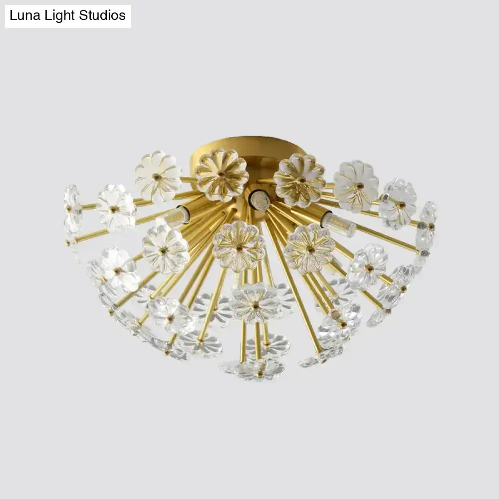 Gold-toned decorbites™ crystal bouquet ceiling lamp with clear flower-shaped glass elements and fixture height detail