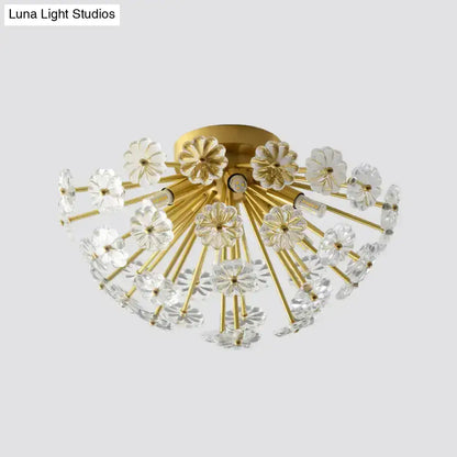 Gold-toned decorbites™ crystal bouquet ceiling lamp with clear flower-shaped glass elements and fixture height detail