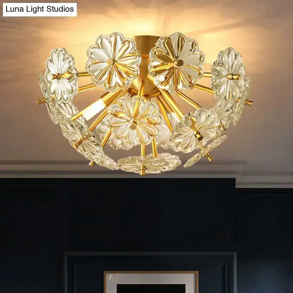 DecorBites modern crystal bouquet gold ceiling lamp with clear flower-shaped glass elements and fixture height for bedrooms