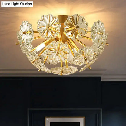 DecorBites modern crystal bouquet gold ceiling lamp with clear flower-shaped glass elements and fixture height for bedrooms